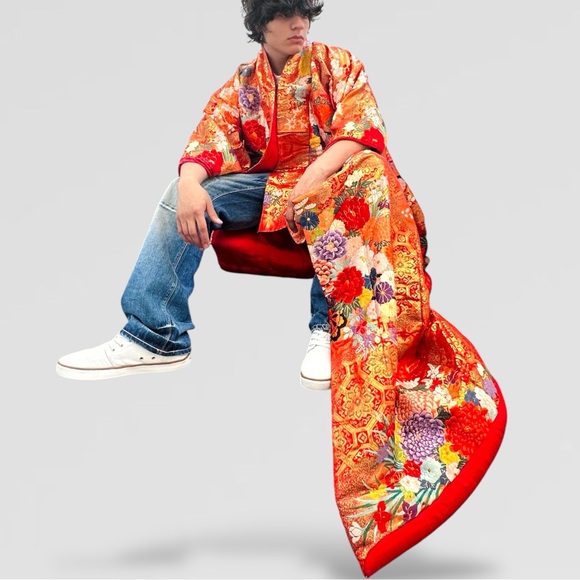 Men’s Uchikake Traditional Japanese Wedding Kimono Orange Red Gold Robe Silk - Picture 3 of 6